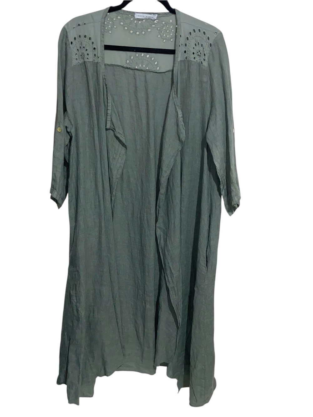 Tempo Paris Duster Jacket Womens M/L 100% Linen Longline Eyelet Lace Lagenlook